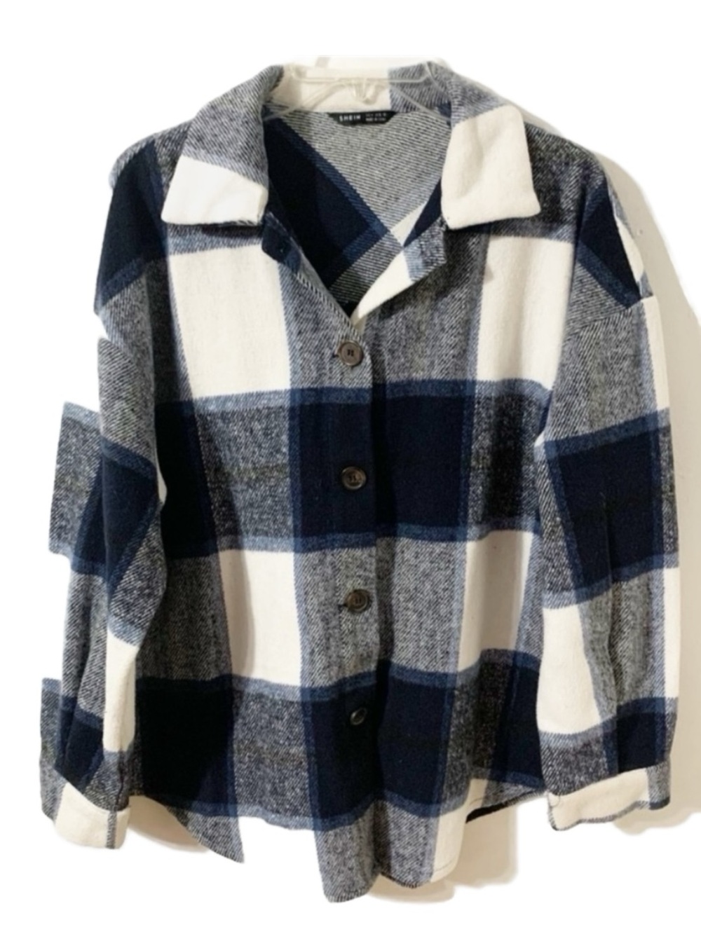 Shein Button Front Long Sleeve Plaid Shacket Layer Piece Pointed Collar Oversize